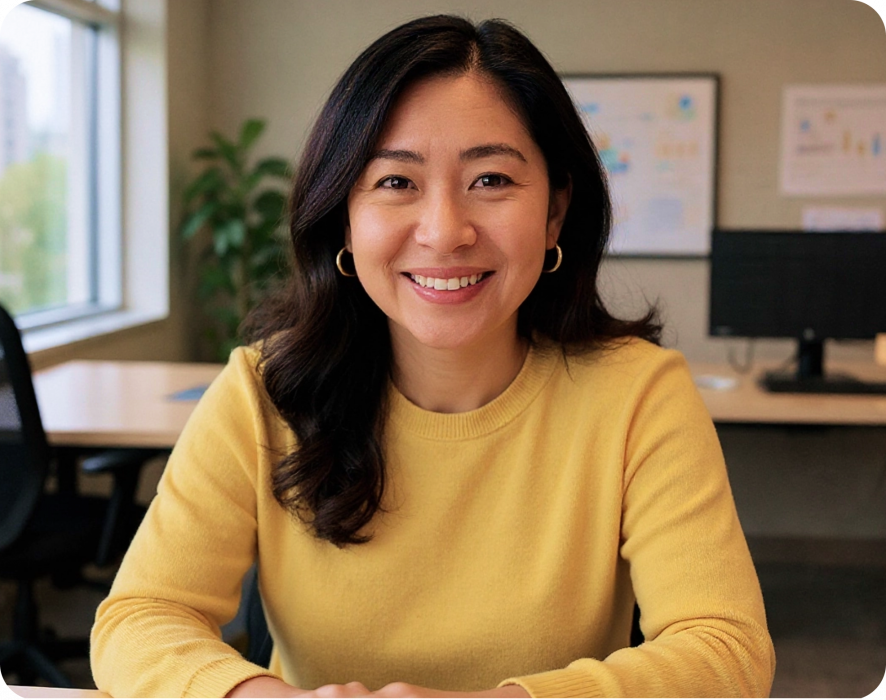 Image of woman smiling in an office wearing a yellow sweater